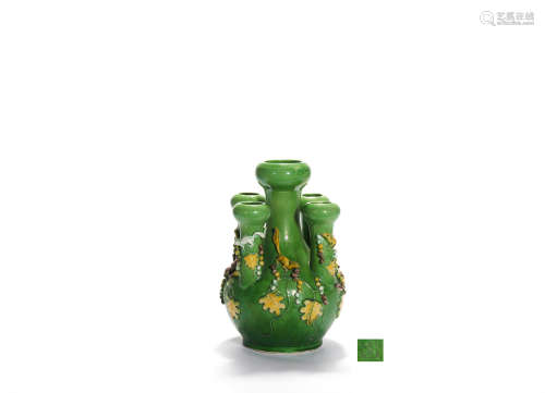 A Green-Enameled Relief-Decorated Five-Sprout Vase