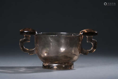 A Carved Smokey Quartz Double-Eared Cup