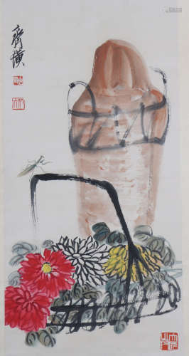A Chinese Flowers Painting Scroll, Qi Baishi Mark