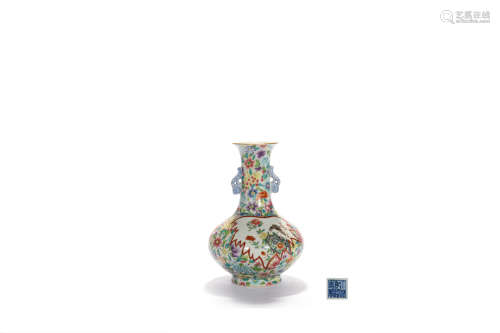 A Famille Rose Flowers And Birds Double-Eared Globular Vase