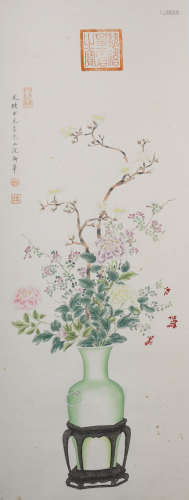 A Chinese Flowers And Vase Painting Scroll, Ci Xi Mark