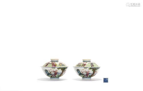 A Pair Of Famille Rose Figural Bowls And Covers