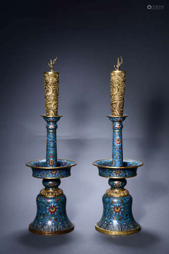 A Pair Of Gilt Cloisonne Enamel Dragon Candlesticks