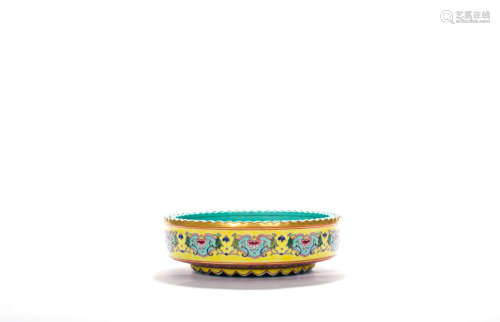 A Yellow-Ground And Enameled Porcelain Lobed Brush Pot