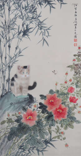 A Chinese Flowers And Cat Painting Scroll, Wang Xuetao Mark