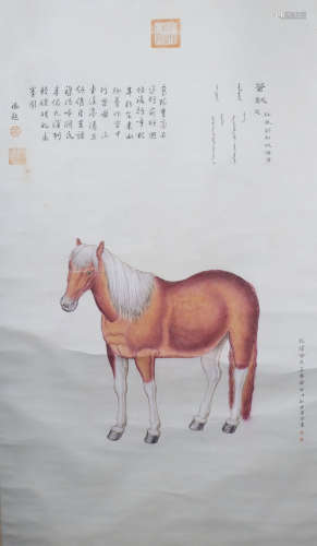 A Chinese Horse Painting Scroll, Lang Shining Mark