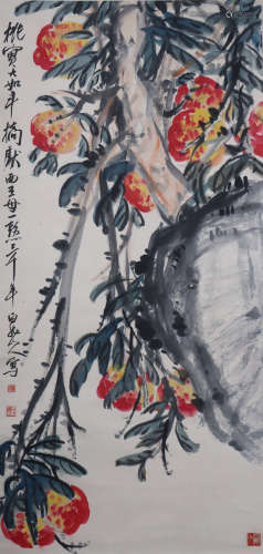 A Chinese Fruits Painting Scroll, Qi Baishi Mark