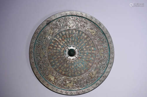 A Silver And Gold Inlaid Bronze Beast Script Circular Mirror