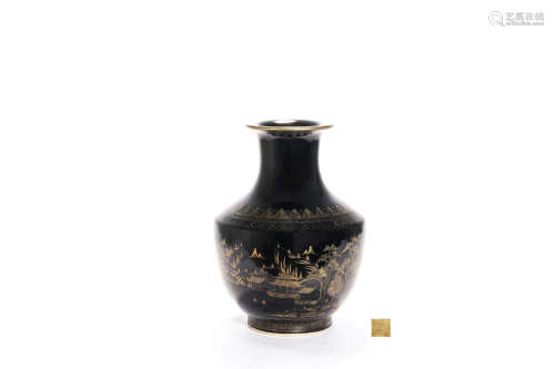 A Mirror-Black-Glaze Landscape And Figure Dish-Top Vase