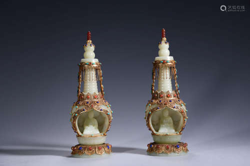 A Pair Of Gilding Jade And Filigree Pagodas