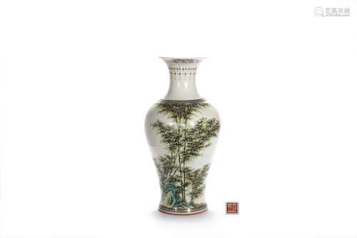 An Inscribed Famille Rose Bamboo Guanyin Vase