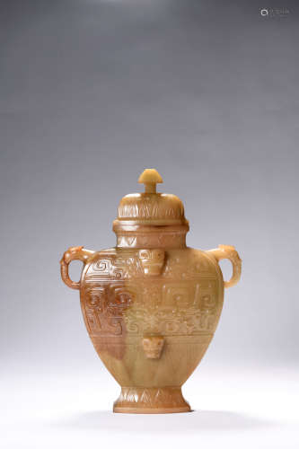 A Carved Hetian Jade Double-Eared Vase