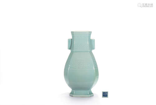 A Celadon-Glaze Incised Dragon Hexagonal Vase