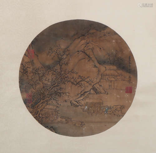 A Chinese Landscape Round Painting, Wang Meng Mark