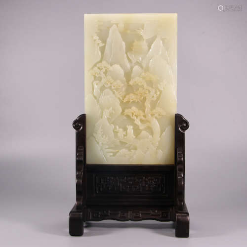 A Hetian Jade Figures And Landscape Table Screen