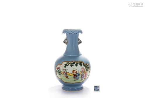 A Blue-Ground Famille Rose Figures Dish-Top Vase