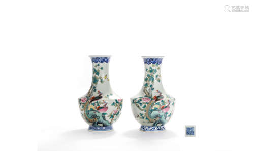 A Pair Of Famille Rose Flowers And Birds Vases