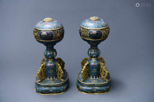 A Pair Of Gilt Cloisonne Enamel Lotus Pond And Floral Orname...