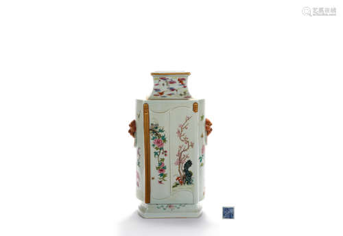 A Famille Rose Flowers And Birds Beast-Handled Square Vase