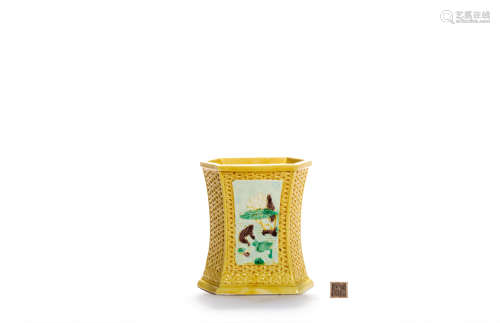 A Yellow-Ground Sancai-Glaze Flowers And Birds Hexagonal Bru...