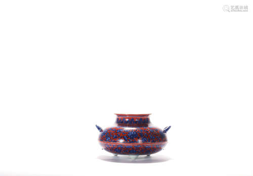 A Red-Ground And Underglaze-Blue Floral Double-Eared Vase