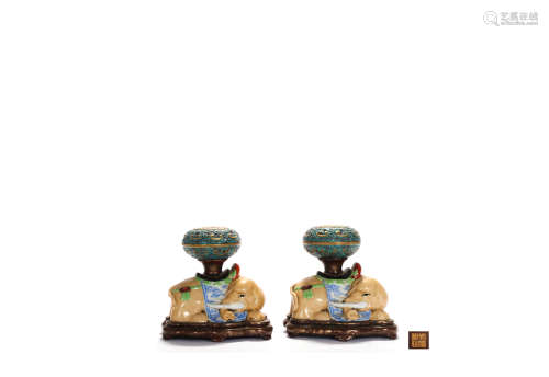 A Pair Of Famille Rose Elephant-Form Incense Burners