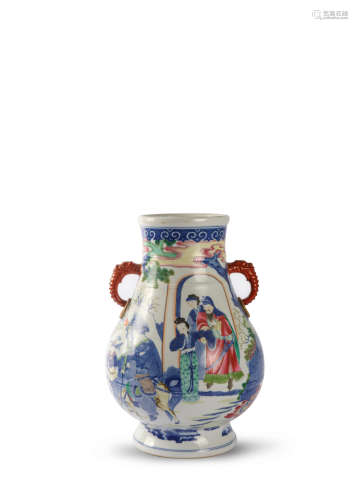 An Underglaze-Blue And Famille Rose Double-Eared Vase, Zun