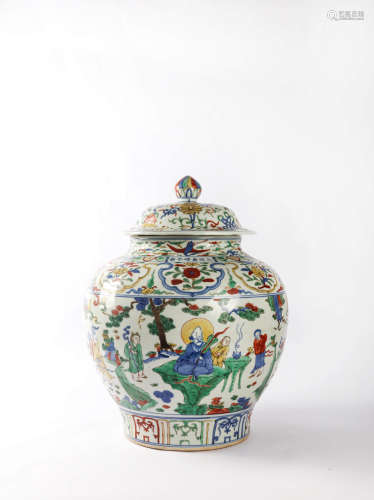 A Wucai Figural Jar And Cover