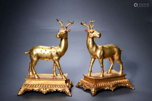 A Pair Of Gilt Bronze Deer Ornaments
