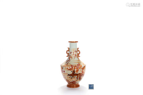 A Gilt Iron-Red-Glazed Animals Double-Eared Vase