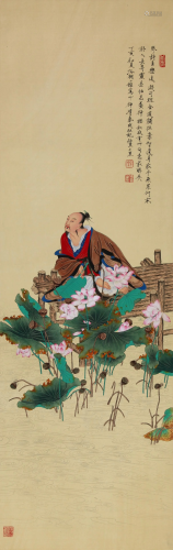 CHINESE SCROLL PAINTING OF MAN WITH LOTUS SIGNED BY R…