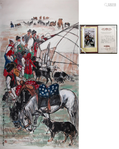 CHINESE SCROLL PAINTING OF PEOPLE AND HORSE SIGNED BY