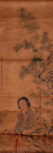 CHINESE SCROLL PAINTING OF GIRL UNDER BAMBOO SIGNED BY
