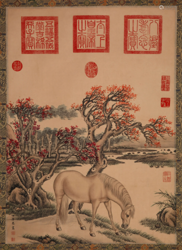 CHINESE SCROLL PAINTING OF HORSE BY RIVER SIGNED BY