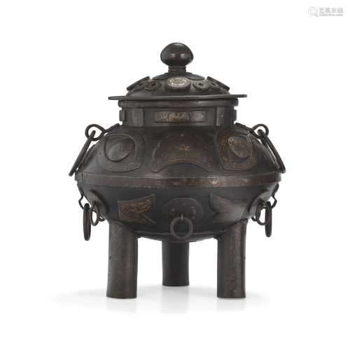 A SILVER OVERLAY IRON CENSER AND COVER