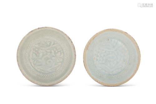 TWO SMALL MOLDED QINGBAI 'DOUBLE FISH' DISHES