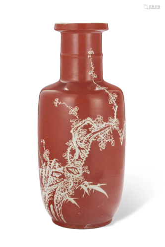 A CORAL-GROUND 'PRUNUS BRANCH' ROULEAU VASE