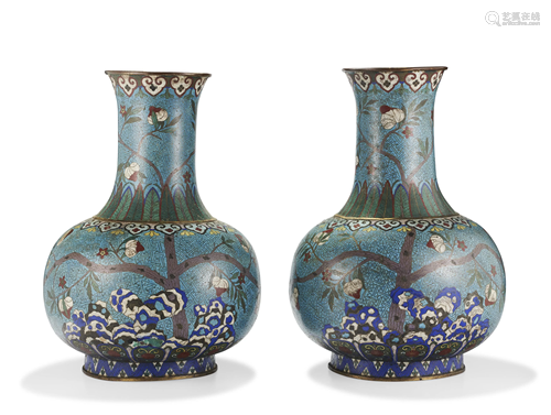 A PAIR OF LARGE CLOISONNÉ ENAMEL BOTTLE VASES