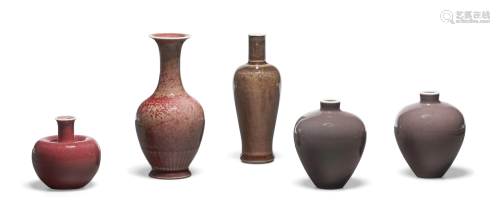 FIVE SMALL COPPER-RED-GLAZED VASES