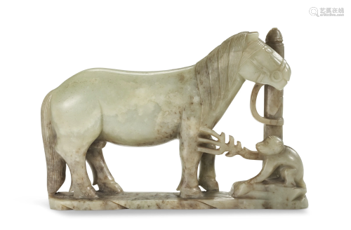 A LARGE GREYISH-GREEN JADE CARVING OF A HORSE AND