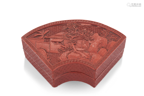A CARVED RED LACQUER FAN-SHAPED BOX AND COVER