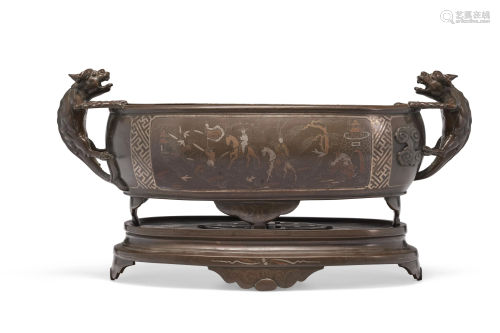 A LARGE SILVER-INLAID BRONZE CENSER AND STAND