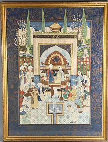 PERSE - IRAN - Peinture sur soie, scène de palais, fin XIXèm...