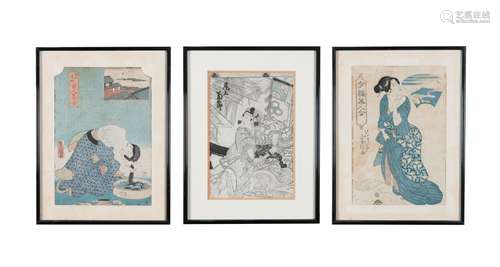 A GROUP OF THREE (3) OBAN TATA-E/WOODBLOCK PRINTS Japan, lat...