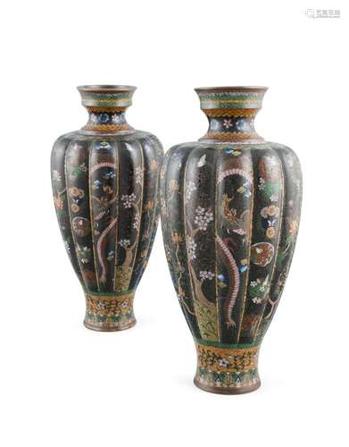 A PAIR OF WATERMELON-SHAPED CLOISONNE VASES Japan, Meiji per...