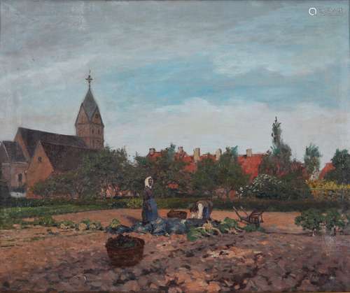 Wilhelm Hartes (1860-1926) Ernteszene mit Dorfblick, harvest...