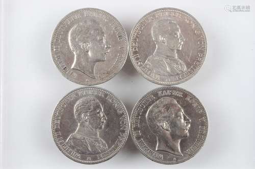 5 Mark - 4 Silbermünzen 1904-1914 Kaiserreich, silver coins,