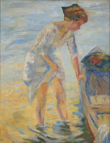 Unbekannter Maler, junge Frau mit Ruderboot, young woman wit...