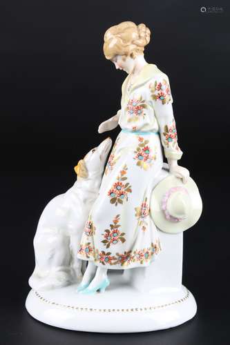 Katzhütte Porzellanfigur Dame mit Barsoi Hund, porcelain fig...