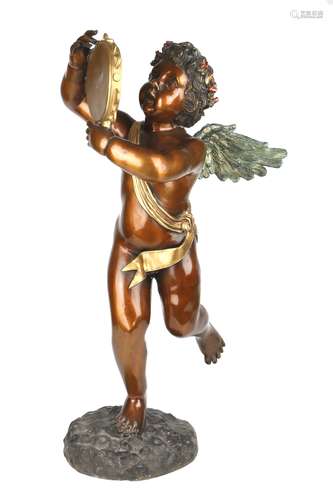 XXL Bronze - geflügelter Putto mit Tamburin, bronze putti sc...